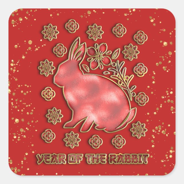 Red Gold 2023 Rabbit Lunar Chinese New Year Square Sticker (Front)