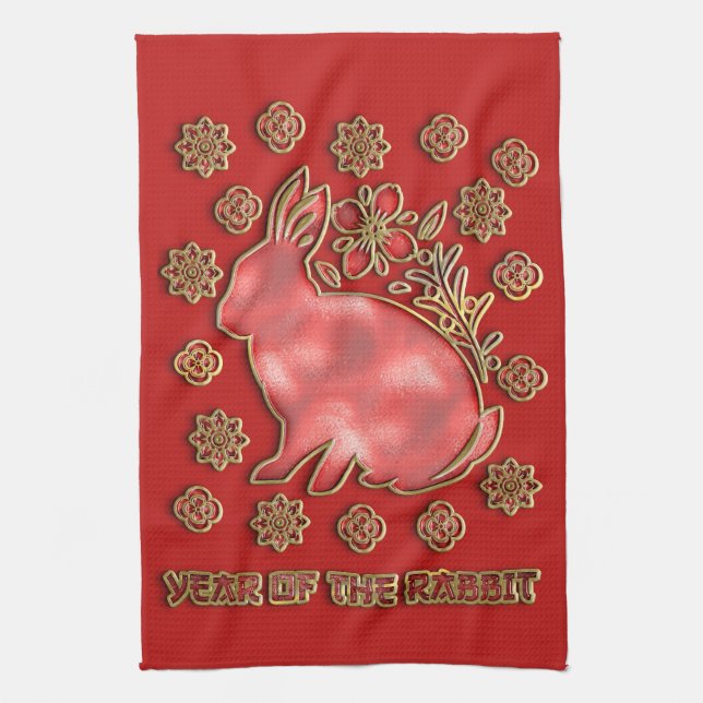 Red Gold 2023 Rabbit Lunar Chinese New Year Tea Towel (Vertical)