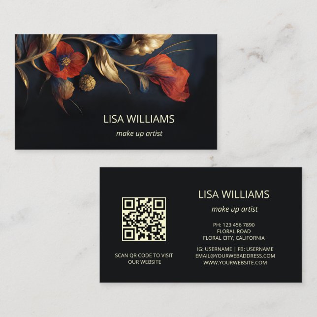 Red Gold 3 D Flowers Black  Business Card (Front/Back)