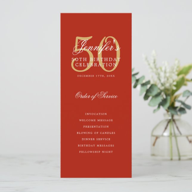 Red Gold 50th Birthday Party Program w/ Menu (Standing Front)