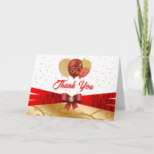 Red & Gold 50th Birthday Silk Balloon  Thank You Card