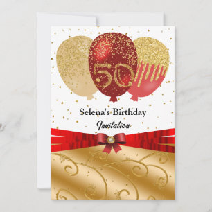 Red Gold 50th Birthday Silk Ribbon Balloons  Invitation