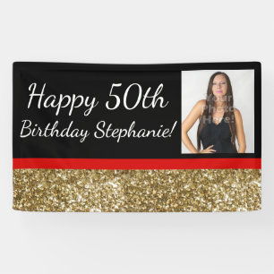 Red Gold 50th Fabulous Photo Birthday Party Banner