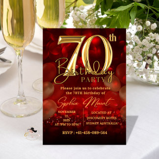 Red Gold 70th Birthday Invitations for grandmother