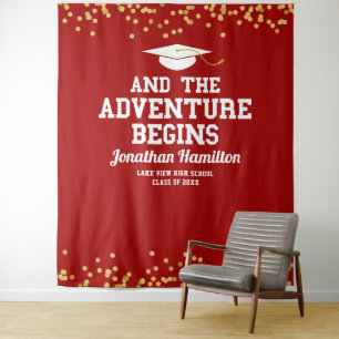 Red Gold Adventure Begins Grad Party Backdrop Sign Tapestry