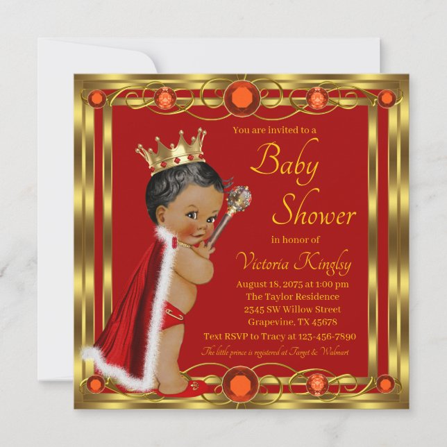 Red Gold African American Prince Jewel Baby Shower Invitation (Front)