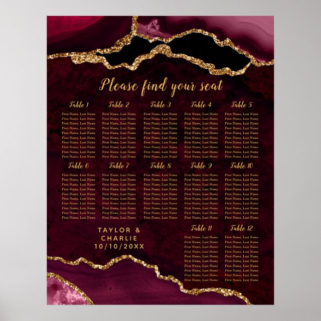 Red Gold Agate Wedding 12 Tables Seating Chart (Front)
