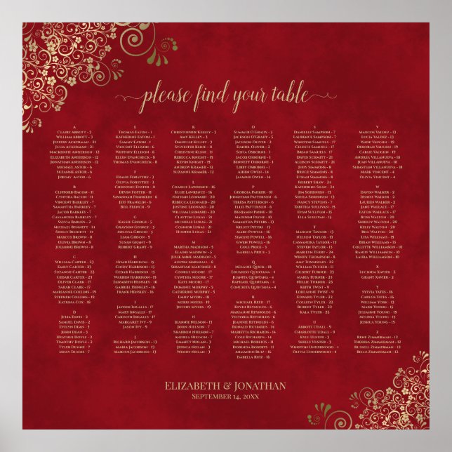Red & Gold Alphabetical Wedding Seating Chart (Front)