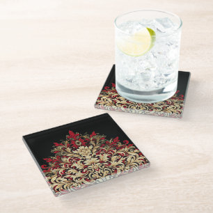 Red Gold and Black Damask Glass Coaster