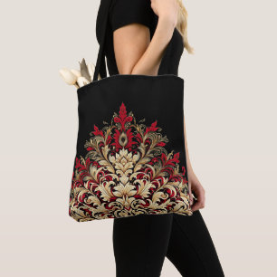Red Gold and Black Damask Tote Bag