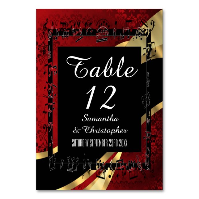 Red gold and black damask wedding table number (Front)