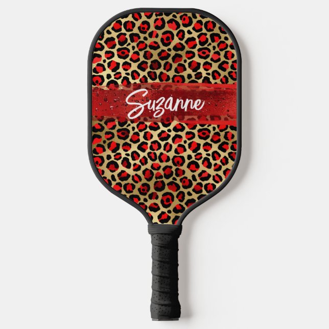 Red Gold and Black Foil Leopard Brush Strokes Pickleball Paddle (Front)