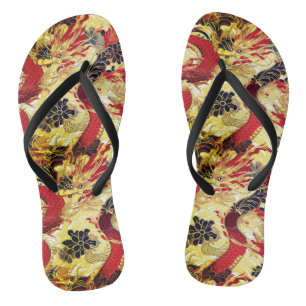 Red, Gold and Black Japanese Dragon Pattern Thongs
