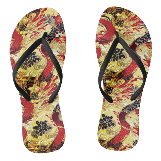 Red, Gold and Black Japanese Dragon Pattern Thongs (Footbed)