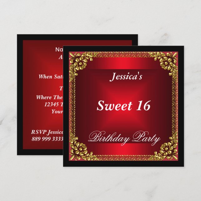 Red Gold and Black Sweet 16 Birthday Party Invitation (Front/Back)