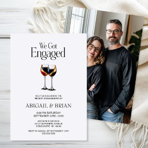 Red Gold and Blue Wine Glass Engagement Party Invitation