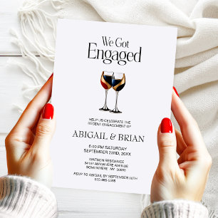 Red Gold and Blue Wine Glass Engagement Party Invitation