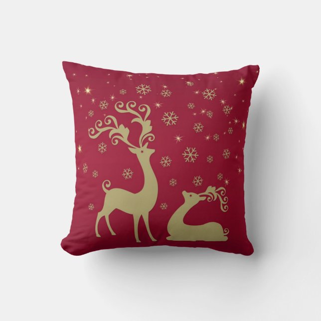 Red, gold and green Christmas reindeer Cushion (Front)