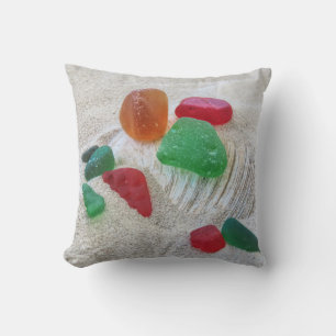 Red gold and green sea glass - pillow