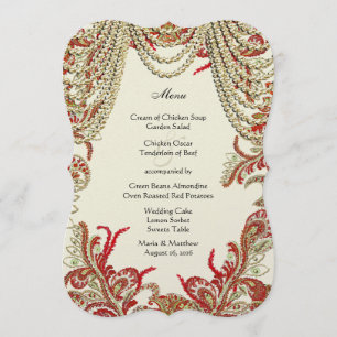 Red Gold and Lime Vintage Paisley Damask Wedding Menu