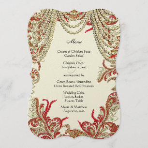 Red Gold and Lime Vintage Paisley Damask Wedding Menu