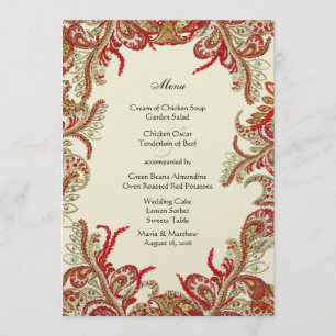 Red Gold and Lime Vintage Paisley Damask Wedding Menu