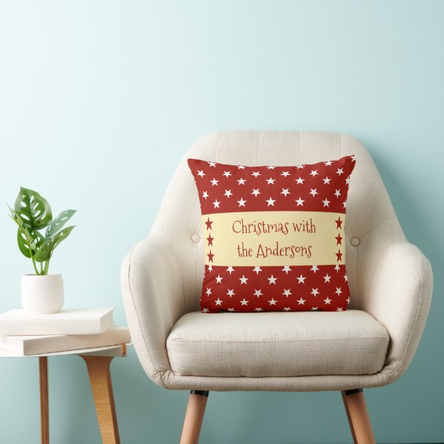 Red gold and white with stars and name Christmas Cushion (Chair)