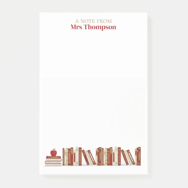 Red Gold Apple Bookshelf Personalized Teacher Post-it Notes (Front)