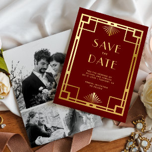 Red Gold Art Deco Photo Collage Wedding Save The Date