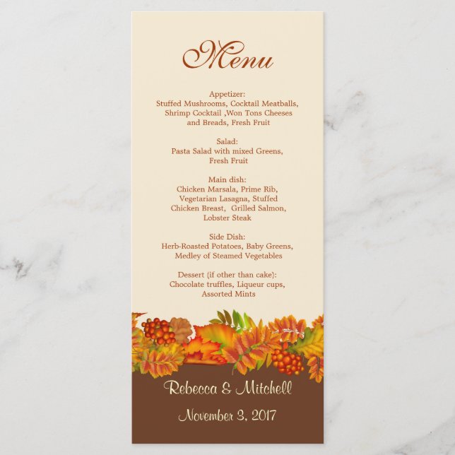Red gold Autumn leaves Wedding Menu  Rack Card (Front)