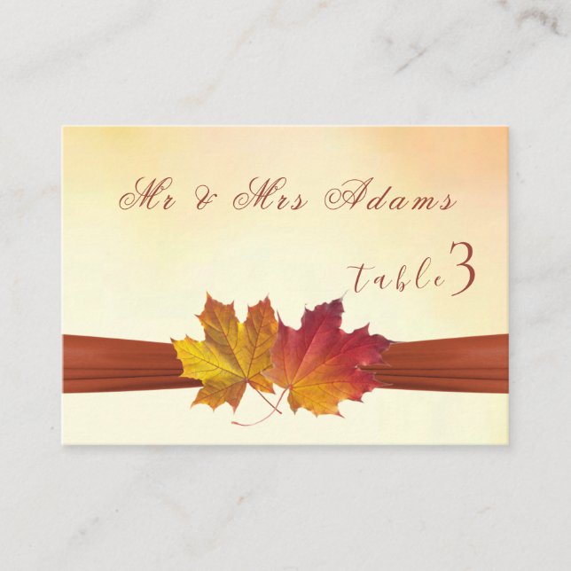 Red Gold Autumnal Leaves Wedding Place Card (Front)