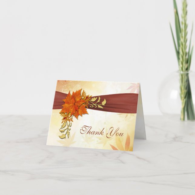 Red & Gold autumnal leaves Wedding Thank You (Front)