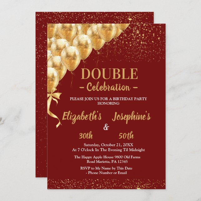Red Gold Balloons glitter Dual Birthday Soiree  Invitation (Front/Back)