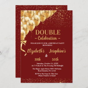 Red Gold Balloons glitter Dual Birthday Soiree  Invitation