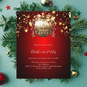 Red gold bauble stars Christmas Party invitation