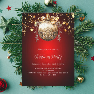 Red gold bauble vintage stars Christmas Party Invitation