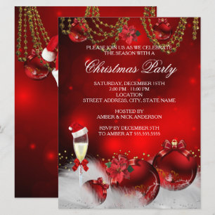 Red Gold Baubles Champagne Christmas Party Invitation
