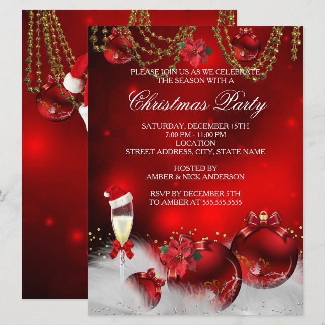 Red Gold Baubles Champagne Christmas Party Invitation (Front/Back)