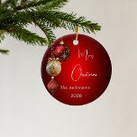 Red gold baubles Christmas Ceramic Ornament<br><div class="desc">A red gradient background. Decorated with red and gold baubles.  Personalise and add your name,  year.  Text: Merry Christmas</div>