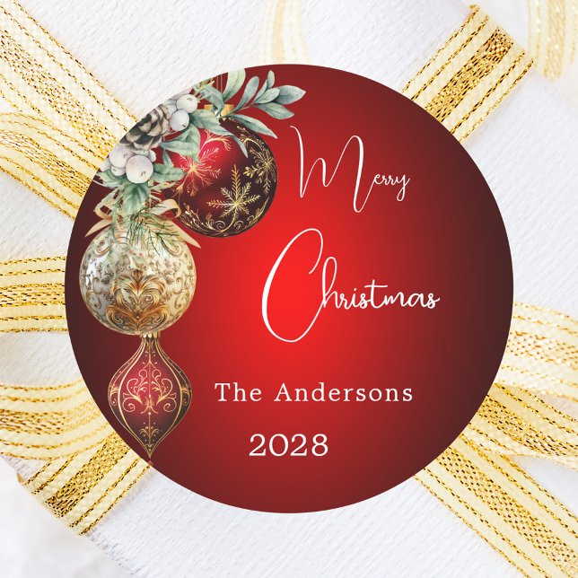 Red gold baubles Christmas Classic Round Sticker (Creator Uploaded)