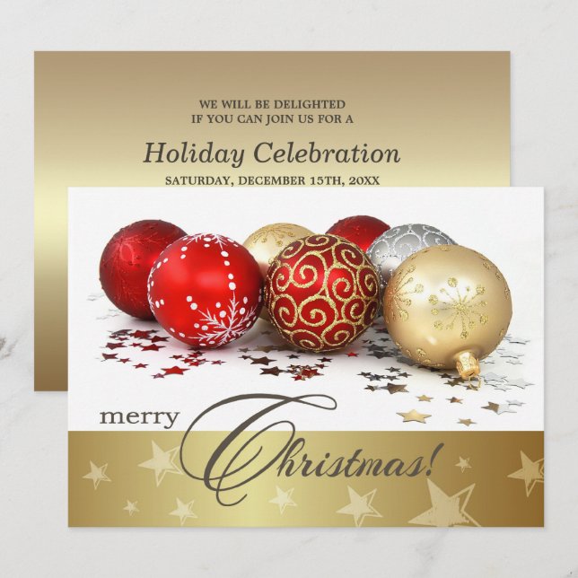 Red Gold Baubles Christmas Party Invitation (Front/Back)