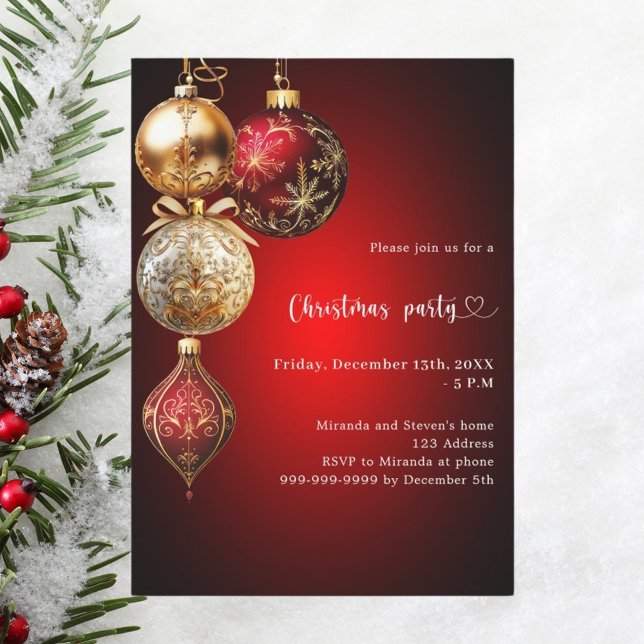 Red gold baubles Christmas Party Invitation (Creator Uploaded)