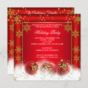 Red Gold Baubles Christmas Photo Holiday Party Invitation