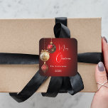 Red gold baubles classic Christmas Square Sticker<br><div class="desc">For a Christmas party favours or gift wrapping. A red uneven coloured background. Decorated with red and gold baubles.  Personalise and add your name,  year.  Text: Merry Christmas</div>