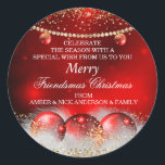 Red Gold Baubles Friendsmas Christmas Greetings  Classic Round Sticker<br><div class="desc">Friendsmas Christmas Holiday Greetings. Corporate Xmas. Elegant gold & red baubles with gold sparkle glitter and snow. Please Note: All flat images!</div>