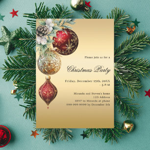 Red gold baubles greenery Christmas Party Invitation