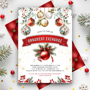 Red Gold Baubles Ornament Exchange Christmas Party Invitation