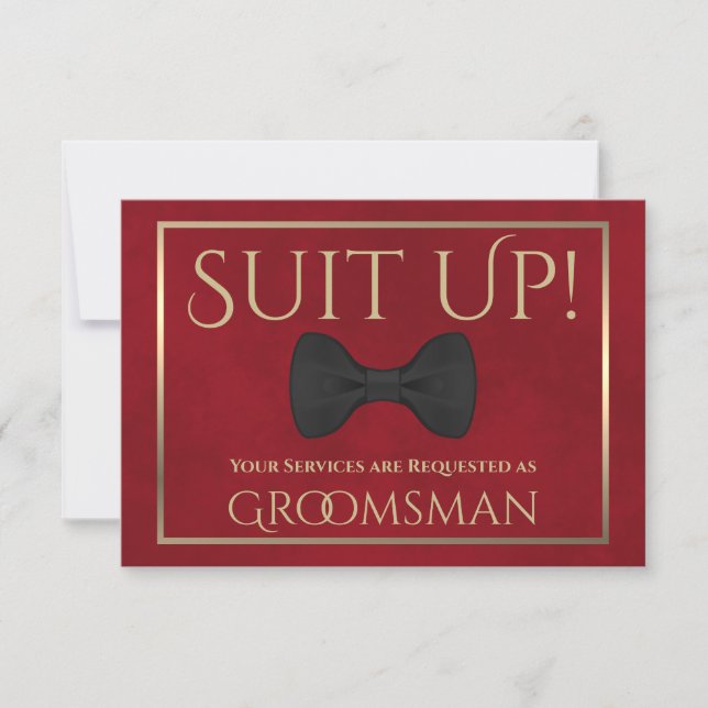 Red & Gold Be My Groomsman Fun Bow Tie Card (Front)