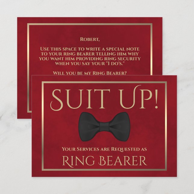 Red & Gold Be My Ring Bearer Fun Bow Tie Card (Front/Back)