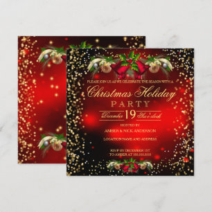 Red Gold Bells Holly Christmas Holiday Party Invitation